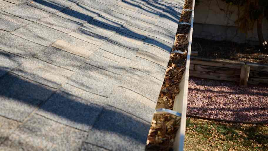 Asphalt shingle roof with gutters filled with dry leaves, highlighting the need for seasonal gutter maintenance.