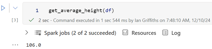 The preceding code cell, showing successful execution, and a result of 106.0