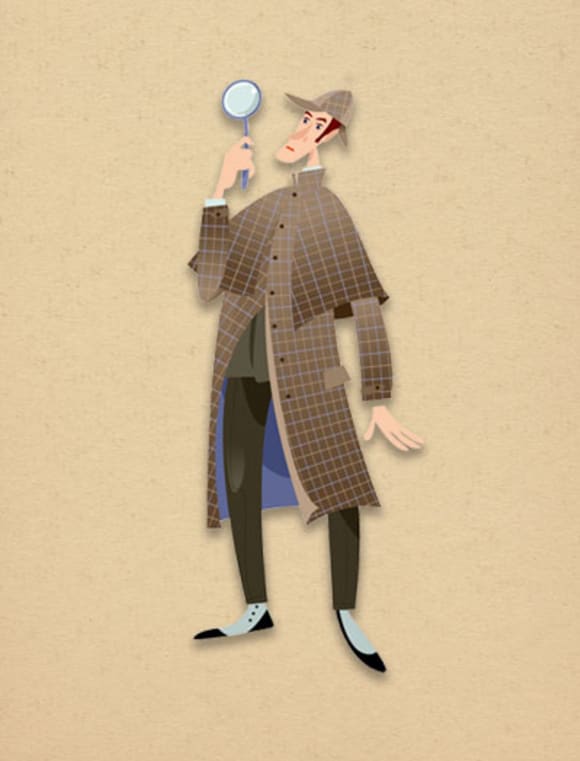 Grafik von Sherlock Holmes mit lupe auf hellem Hintergrund