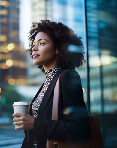Black woman in business attire walking with coffee cup in modern cityscape, concept of urbanization and professional lifestyle