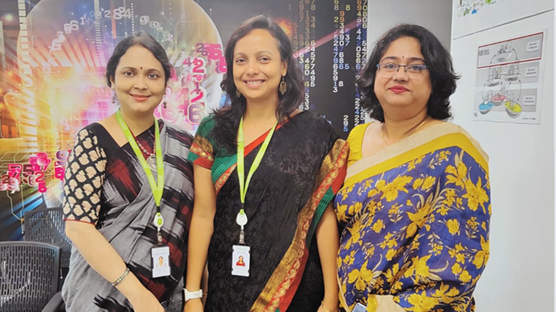 Three businesspeople wearing lanyards stand together at a Hyland office in India. 